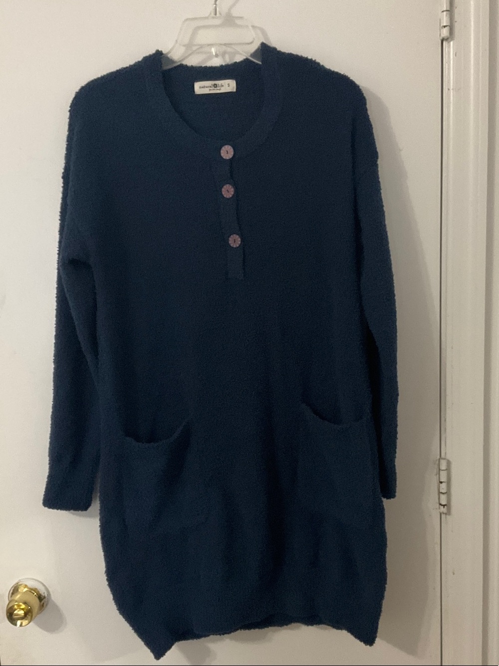 Natural Life Cozy Navy Fleece Tunic  Dress with Chore Pockets SZ S